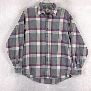 VTG REI Shirt Mens L Gray Purple Plaid Chamois Flannel Outdoors 90s Made in USA